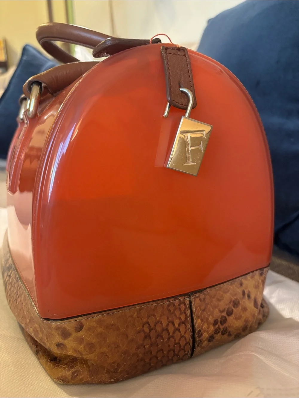 Furla Candy Satchel — Orange with Brown Snake-Print Base